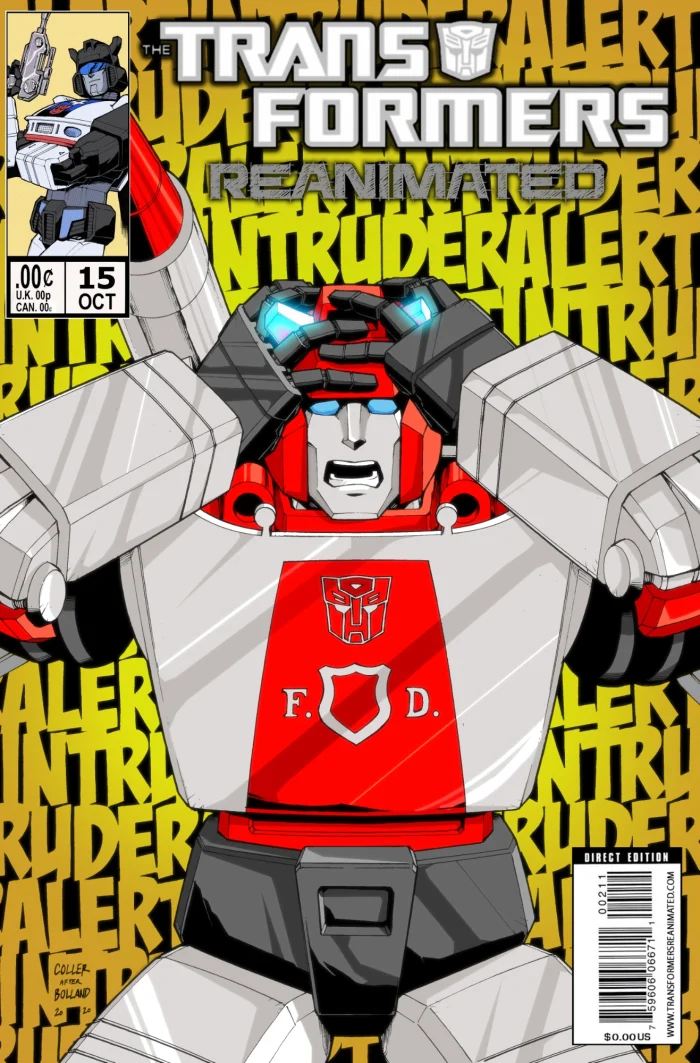 Transformers comic cover with Red Alert scared with his hands on his head 