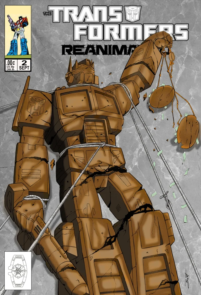Transformers comic cover with Optimus Prime posed as lady justice holding broken scales