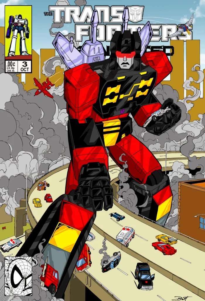 Transformers comic cover with and over sized frenzy looking down upon an overpass