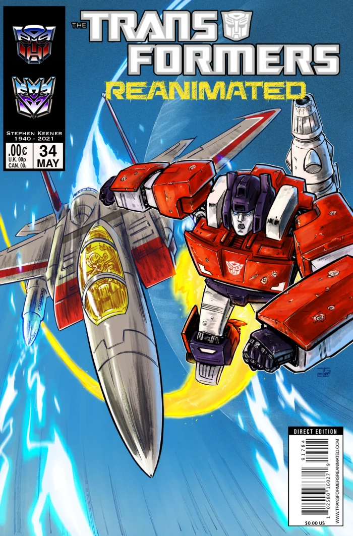 Transformers comic cover with Sideswipe flying through the sky with his jetpack and being chased by Starscream in Jet mode