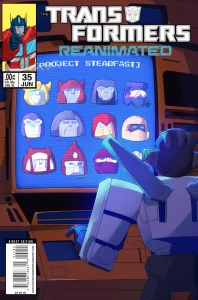 Transformers comic cover Wheeljack looking at the screen of Teletraan 1