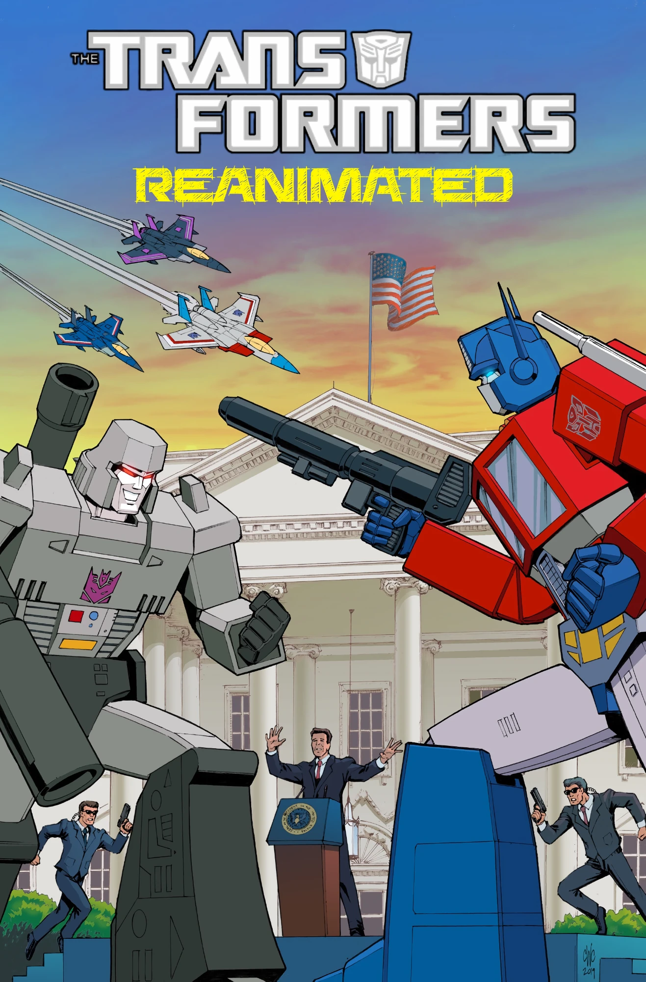Transformers comic cover with Optimus Prime and Megatron sparing off in front of the White House
