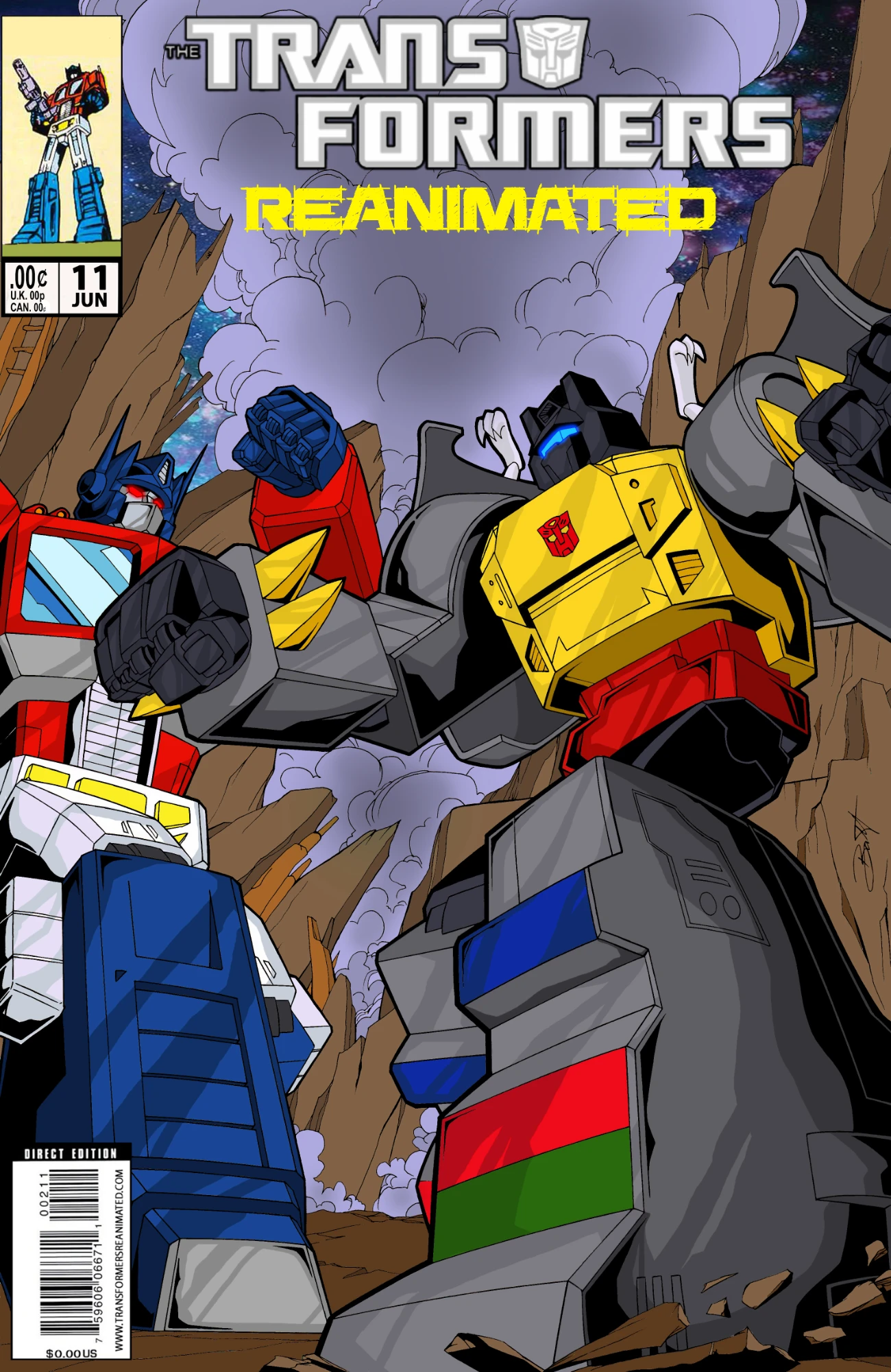 Transformers comic cover with Optimus Prime and Grimlock fighting