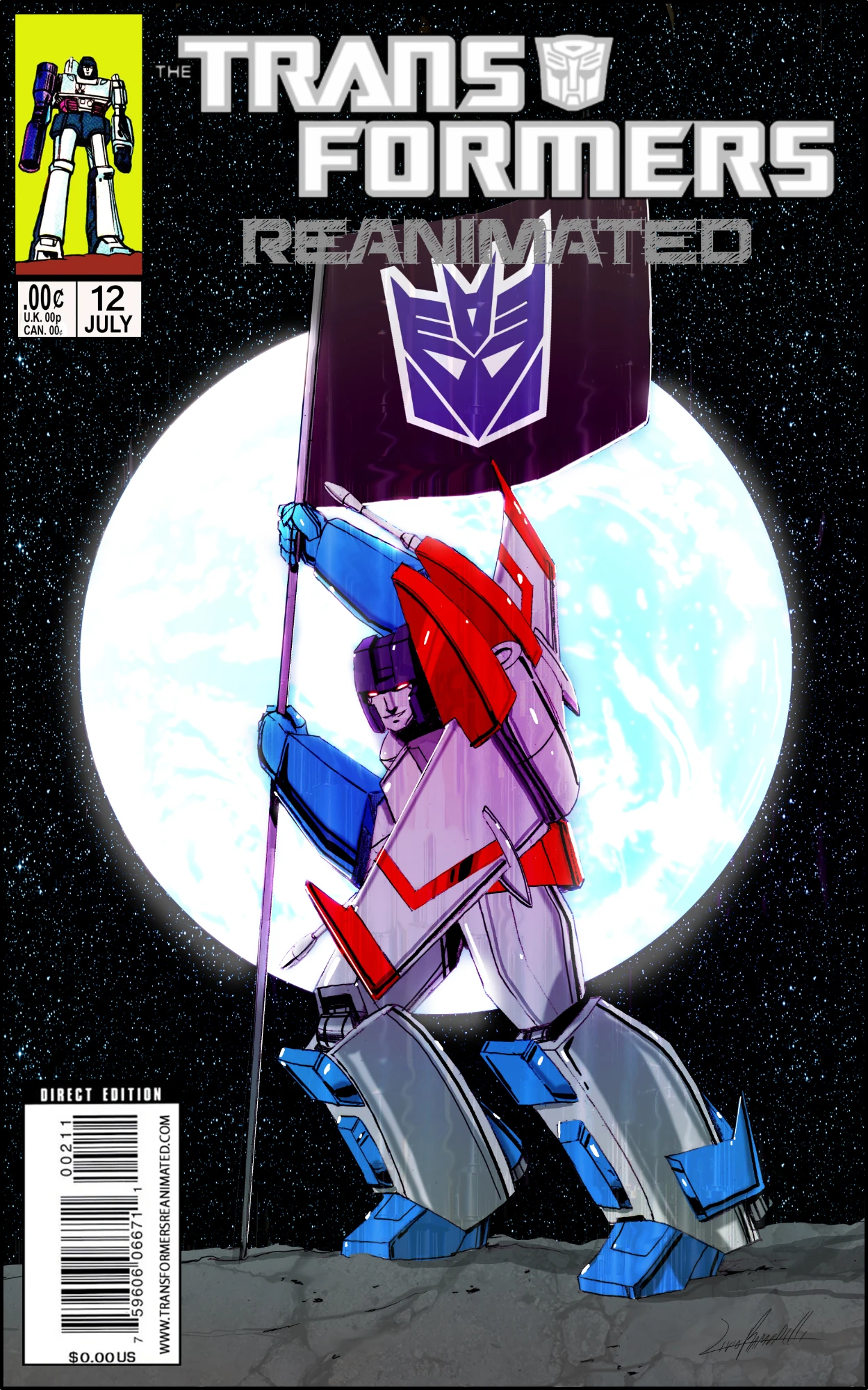 Transformers comic cover showing Starscream planting a Decepticon flag on the moon