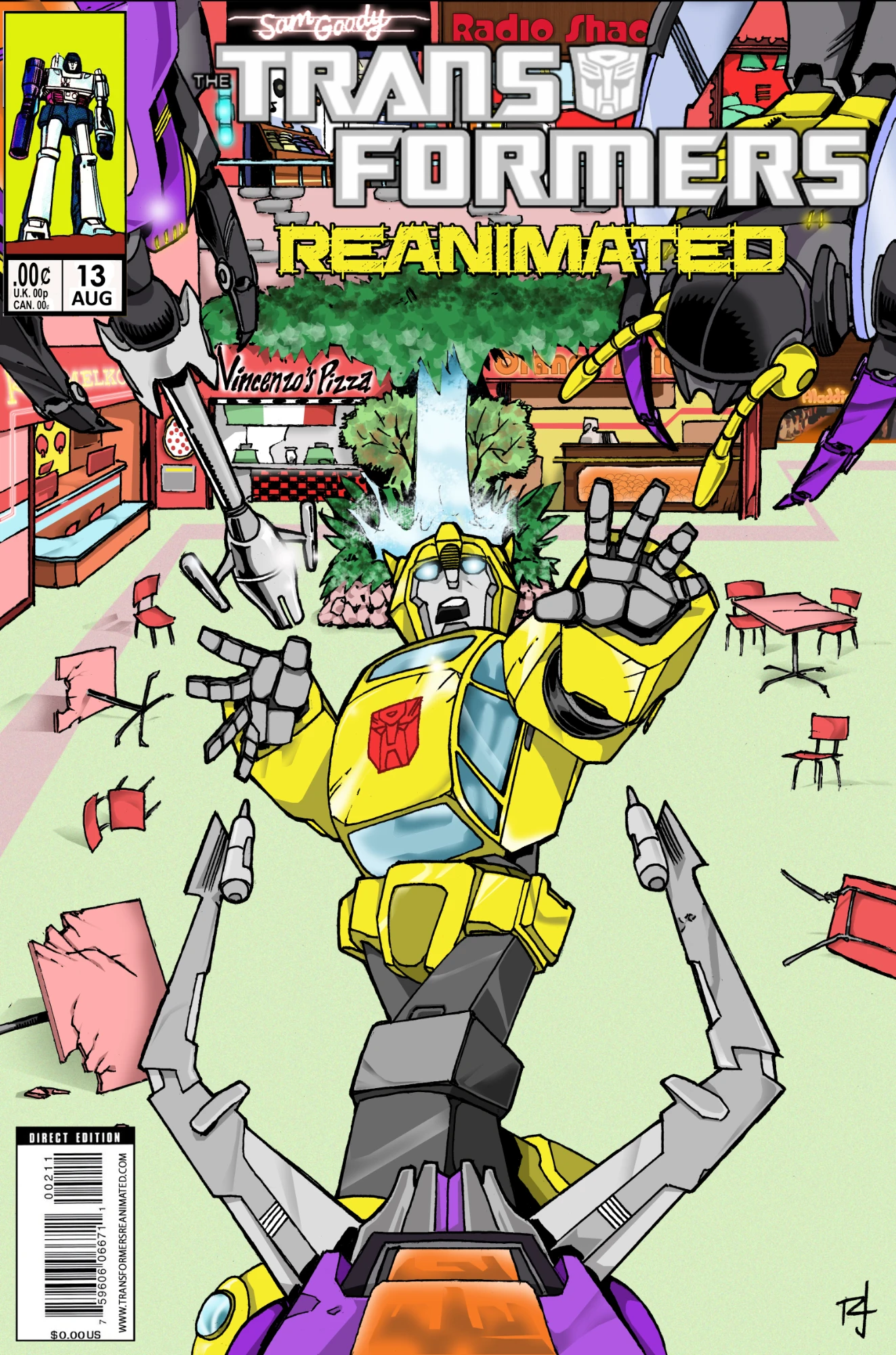 Transformers comic cover Bumblebee standing in the middle of a mall food court surrounded by Insecticons