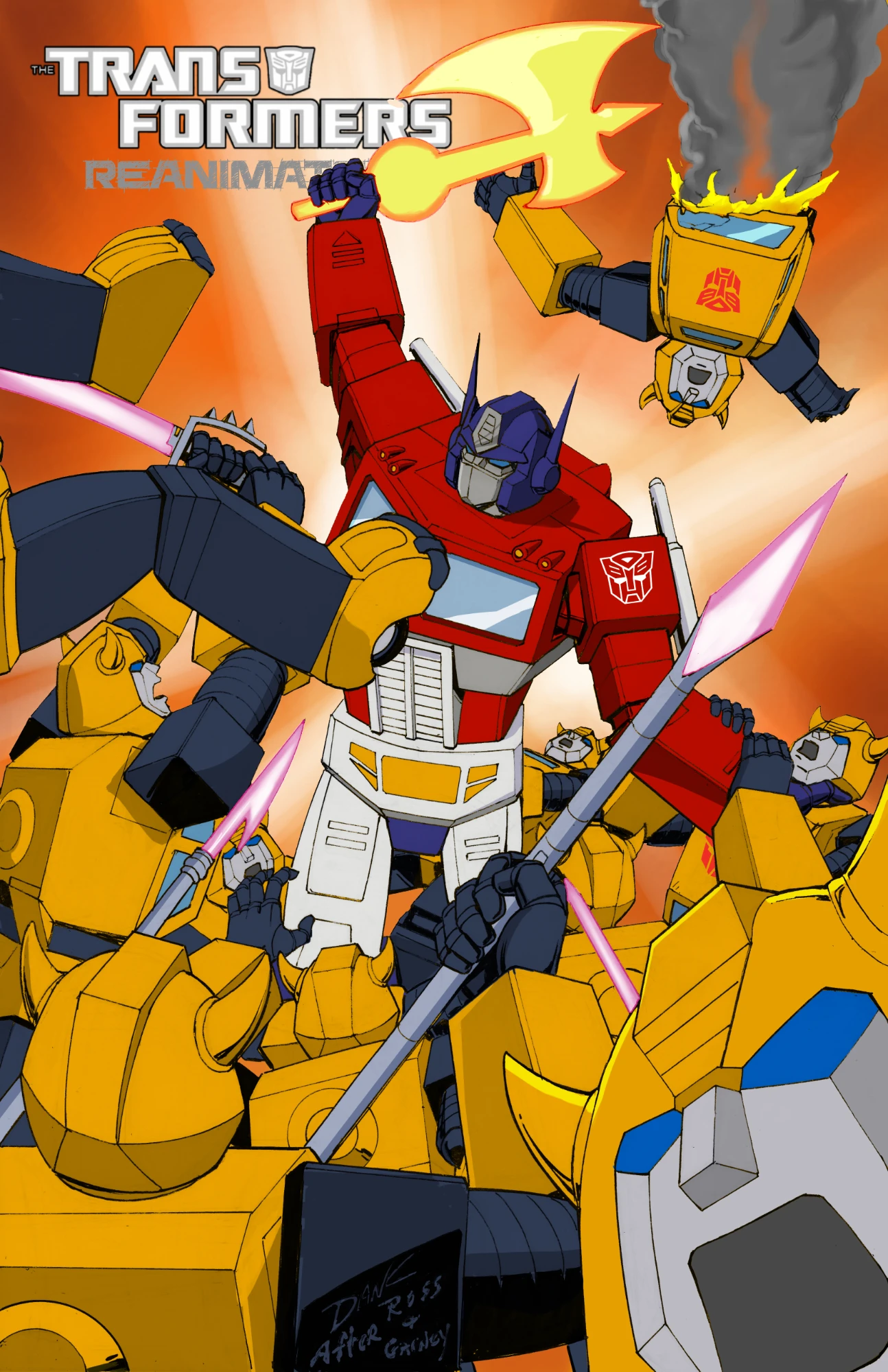 Transformers comic cover has Optimus Prime fighting off a swarm of Bumblebees with his Energon Axe