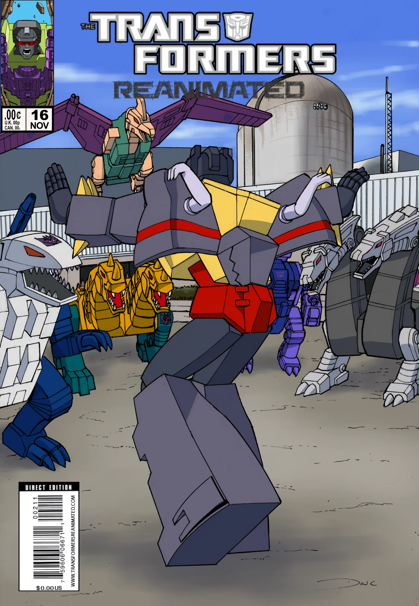 Transformers comic cover with Grimlock holding back the Terrorcons