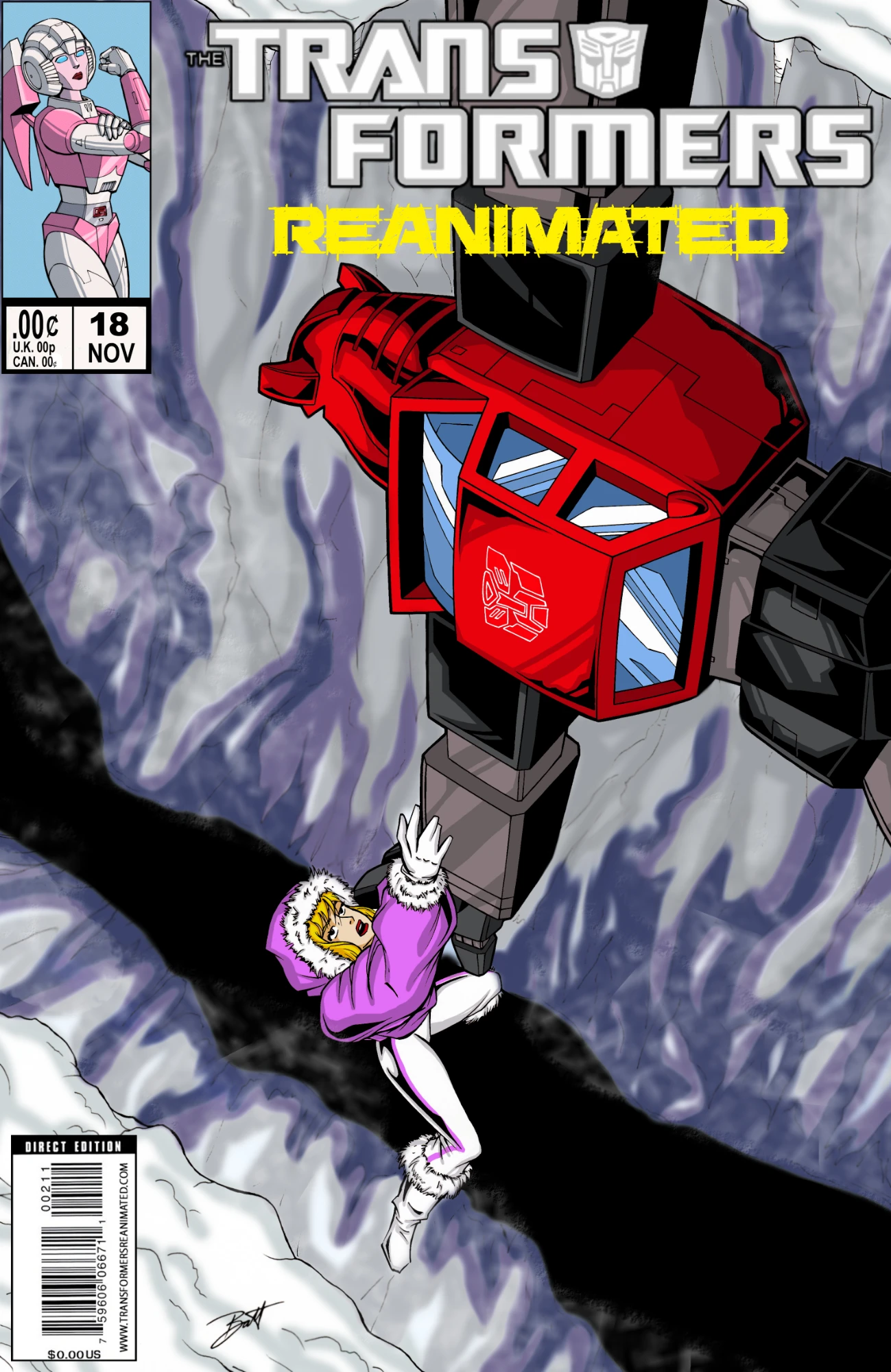 Transformers comic cover with Cliffjumper saving Carley