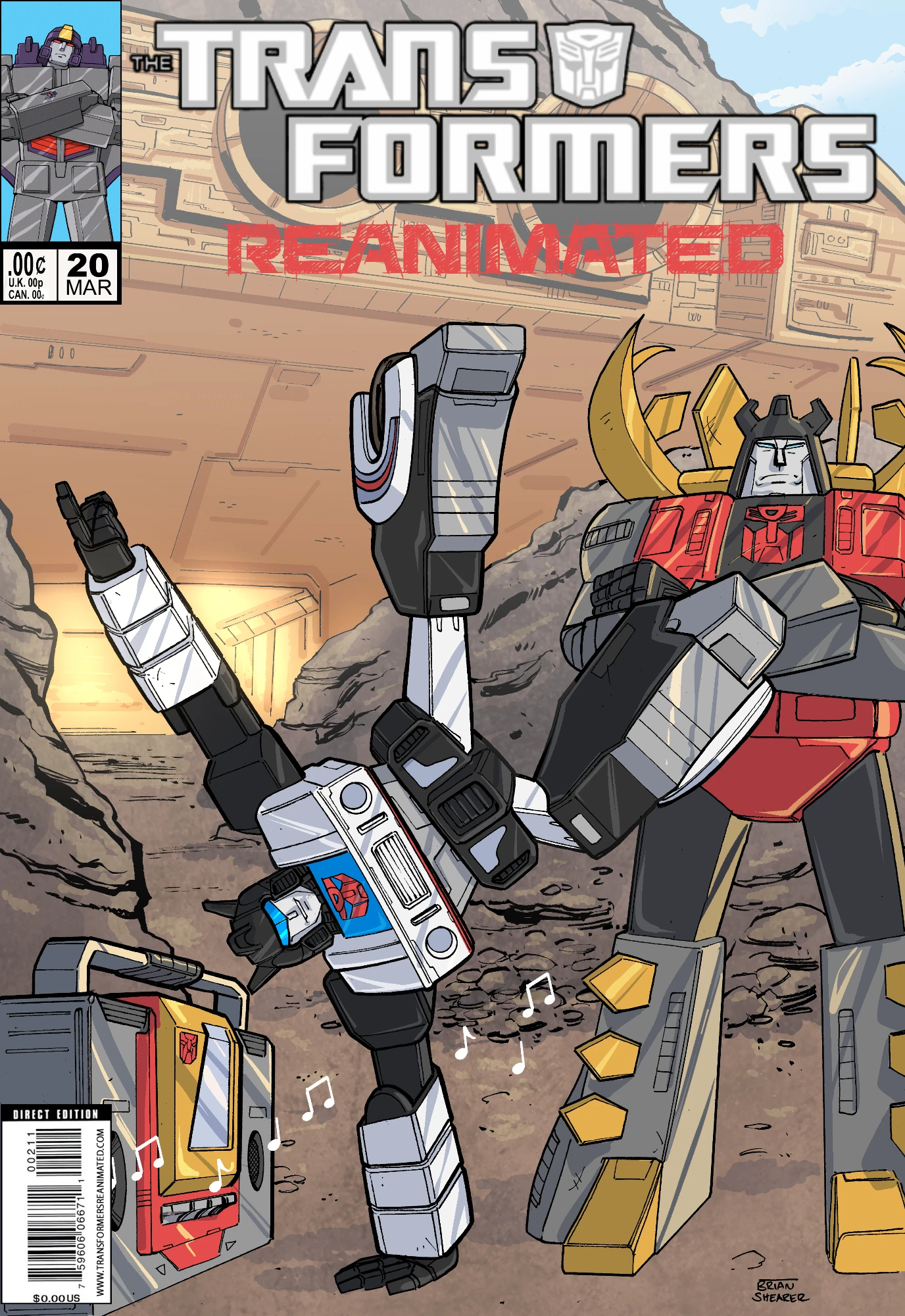 Transformers comic cover with Jazz breakdancing in front of the Ark