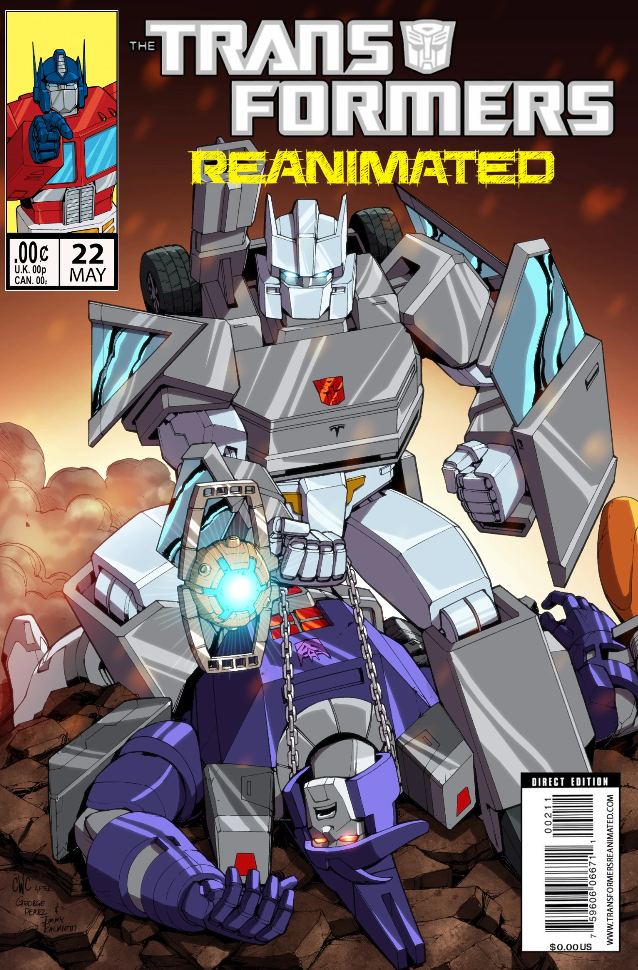 Transformers comic cover with Shatter holding the Matrix while bent over a defeated Galvatron