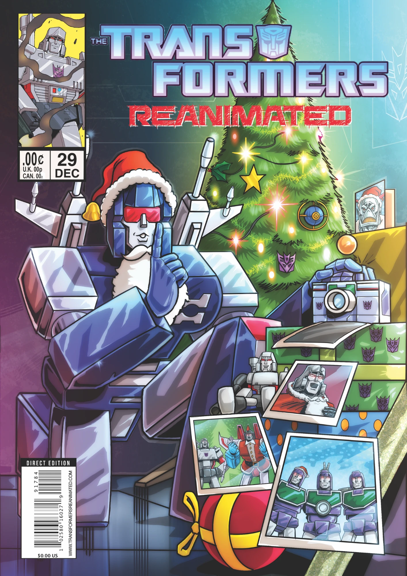 Transformers comic cover with Reflector by a Christmas tree