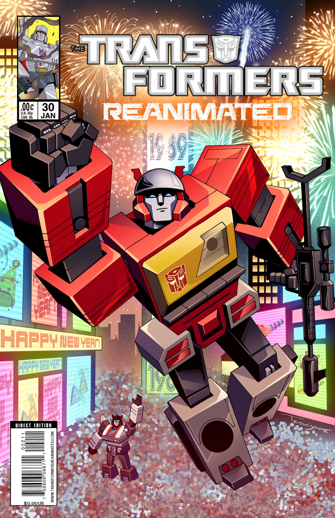 Transformers comic cover in New York on New Year's Eve with Blaster flying through the air