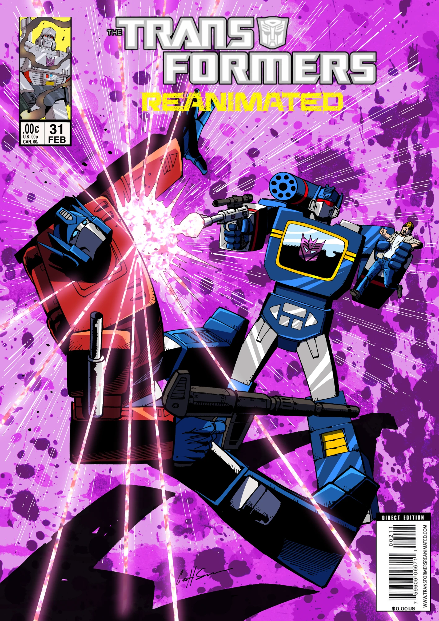 Transformers comic cover with Soundwave blasting Optimus Prime on top of a purple background