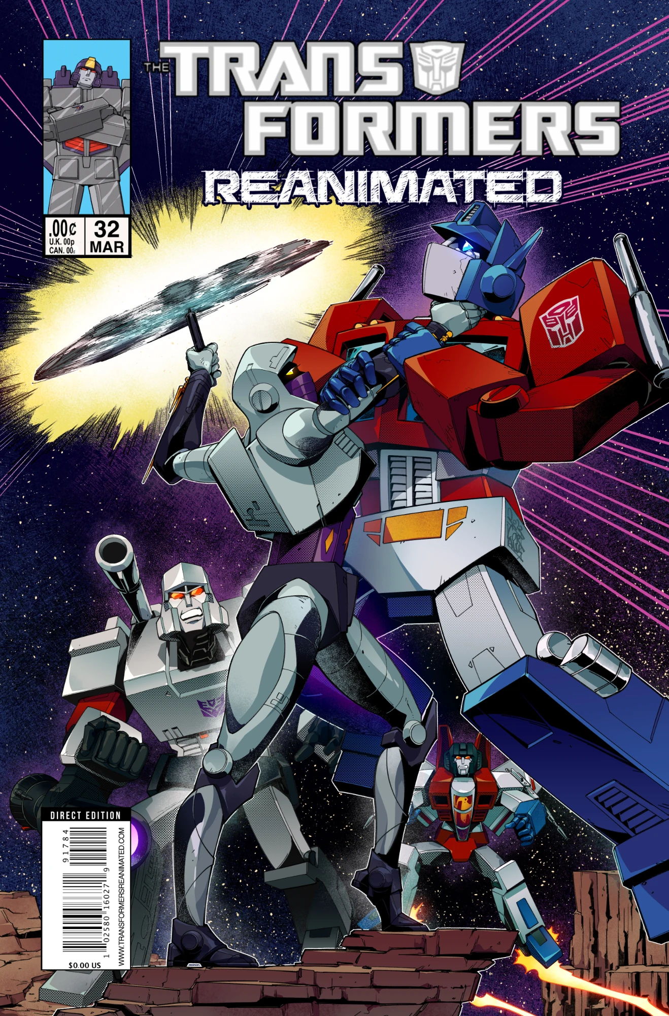Transformers comic cover with Nightbird grabbing Optimus Prime by the neck while twirling her nunchucks overhead with Megatron looking on in the background