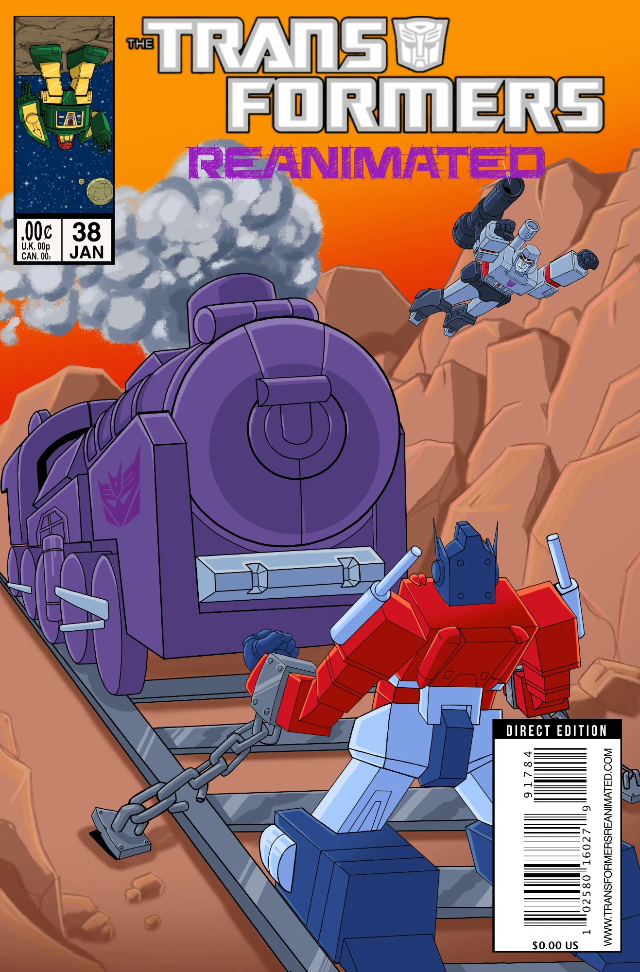 Transformers comic cover with Optimus Prime tied to train tracks as Astrotrain comes at him