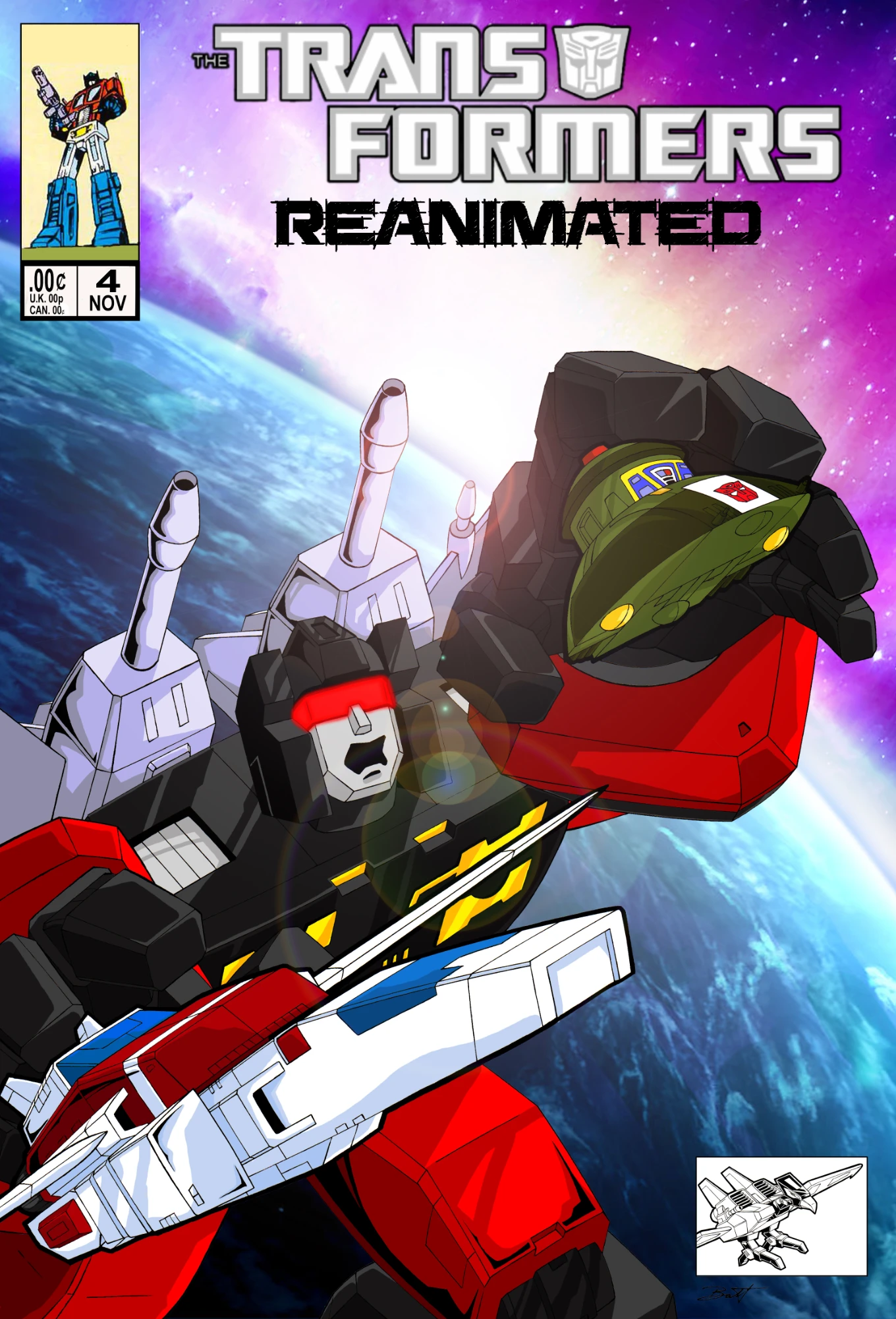 Transformers comic cover with an over sized Frenzy casing after Cosmos and Skyfire out into space with Earth fading away behind them