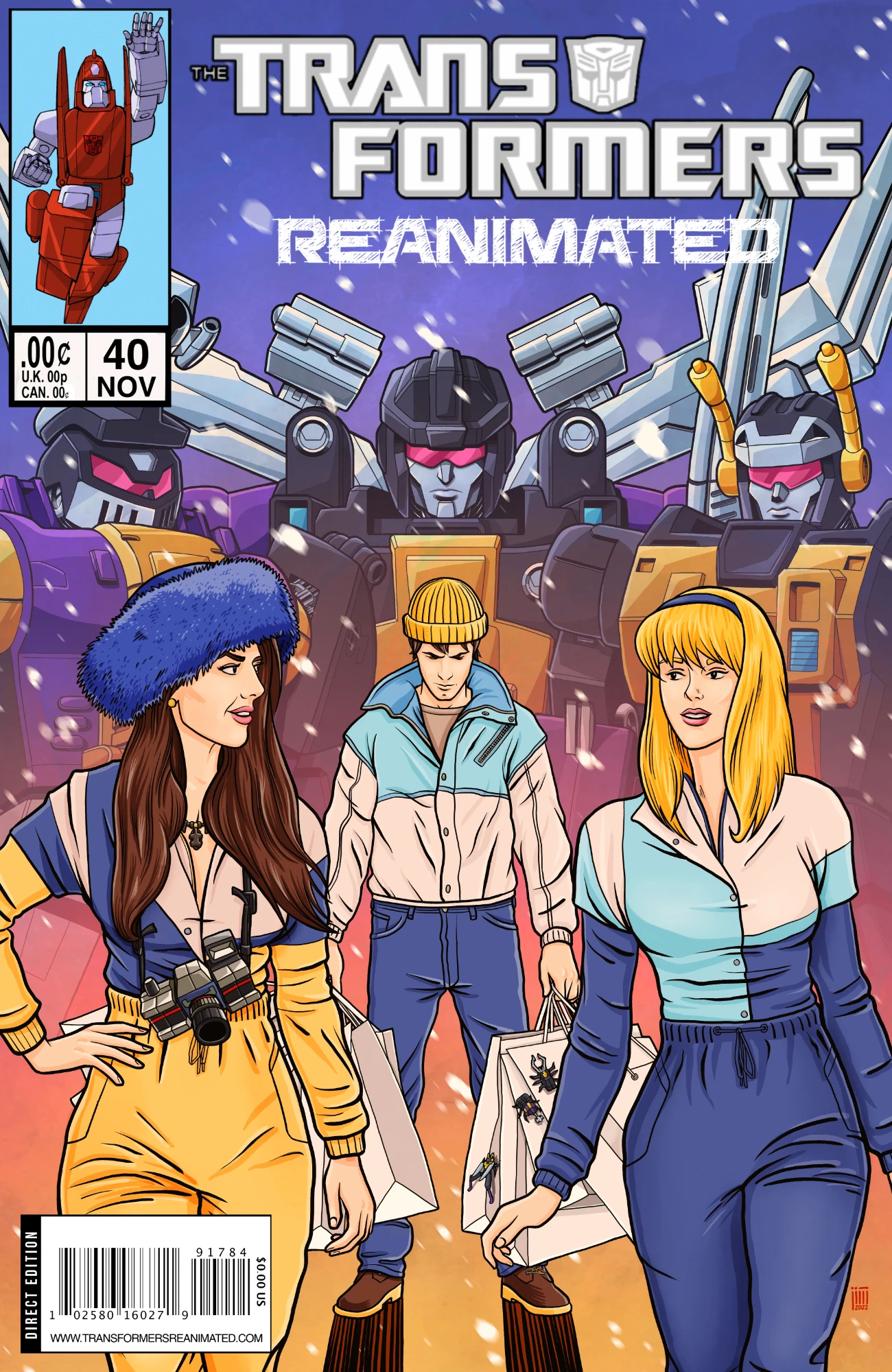 Transformers comic cover with the Insecticons looming over Spike