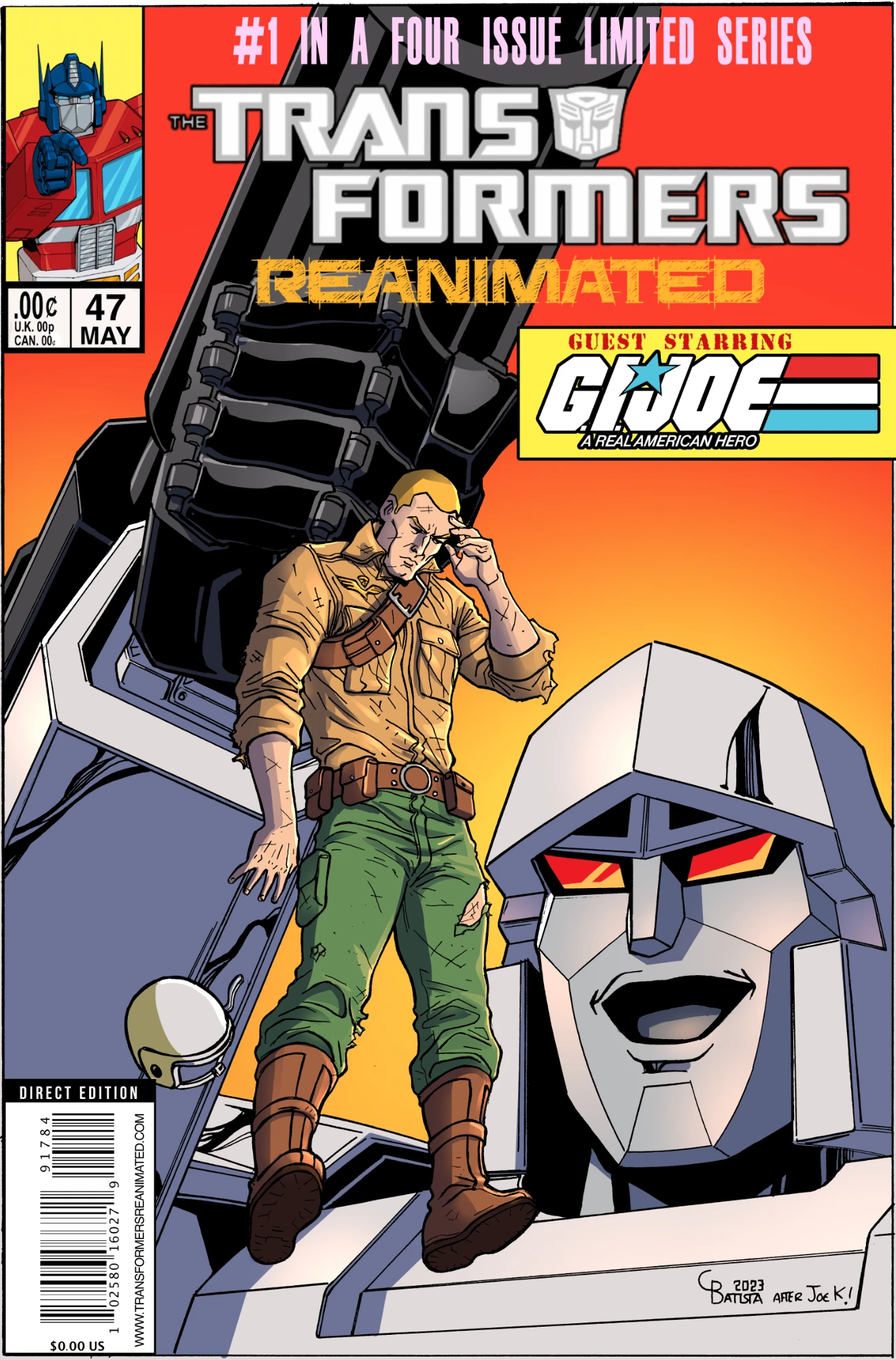 Transformers comic cover with Duke from G.I. Joe behind held up high by Megatron