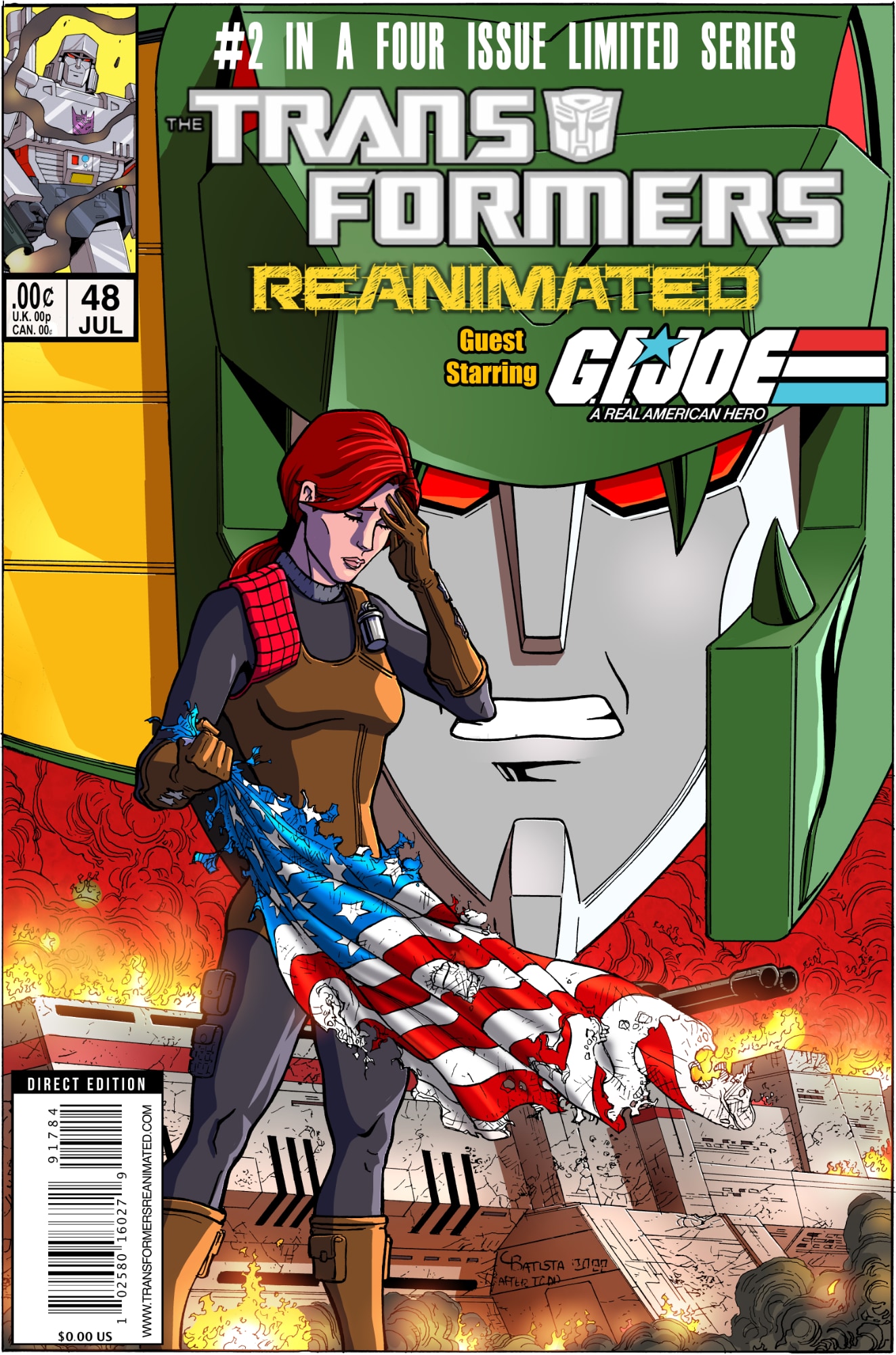 Transformers comic cover with Scarlett standing in front of the G.I. Joe base that is on fire with Deathcobra's head floating above everything