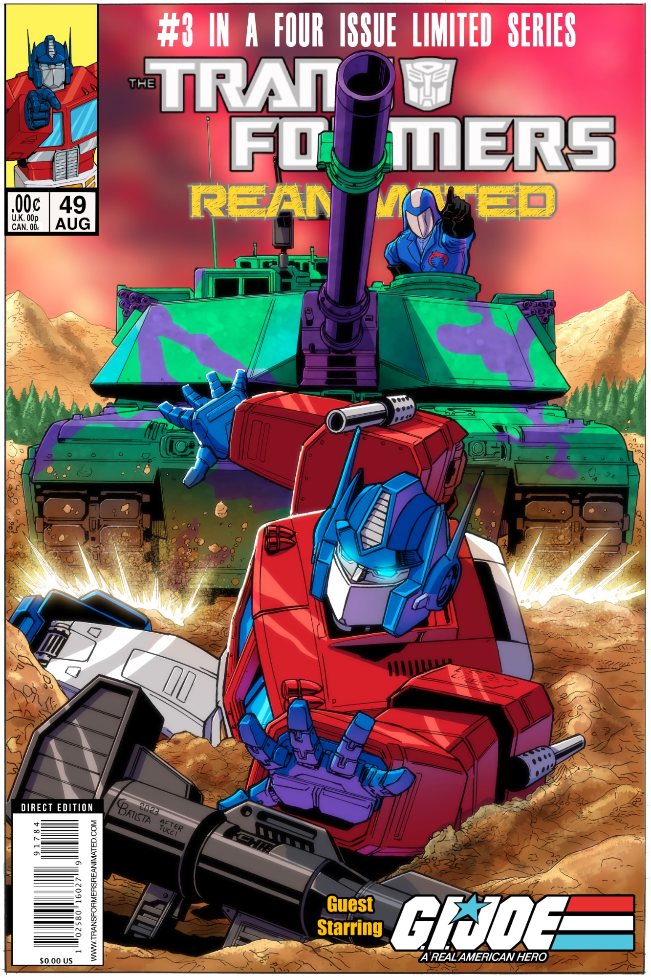 Transformers comic cover with Optimus Prime in the mud crawling to his Ion Blaster with Megatron in tank mode coming up behind him