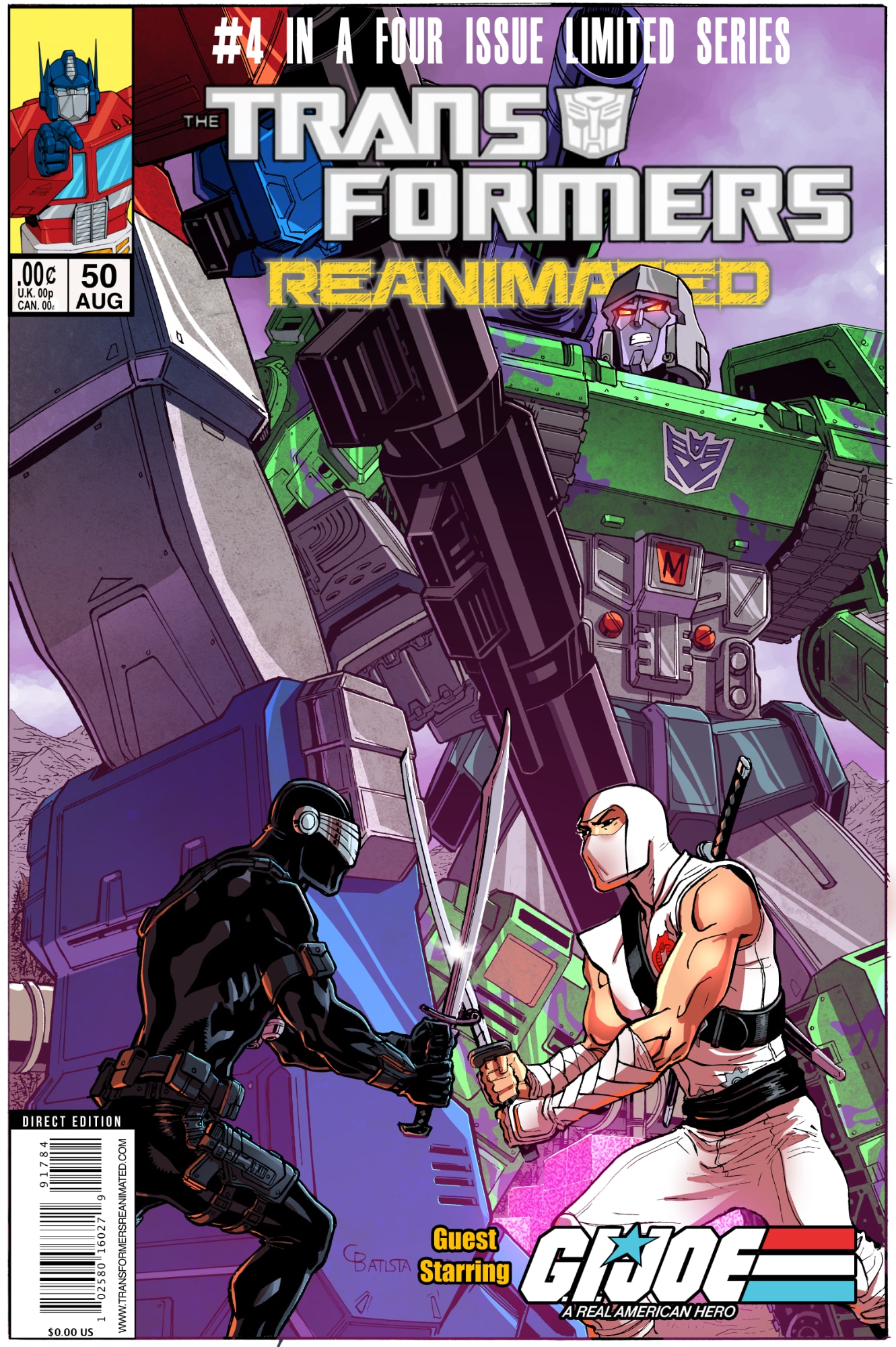 Transformers comic cover with Snake-eyes and Storm Shadow squaring off in the foreground with Otpimus Prime and Megatron squaring off in the background