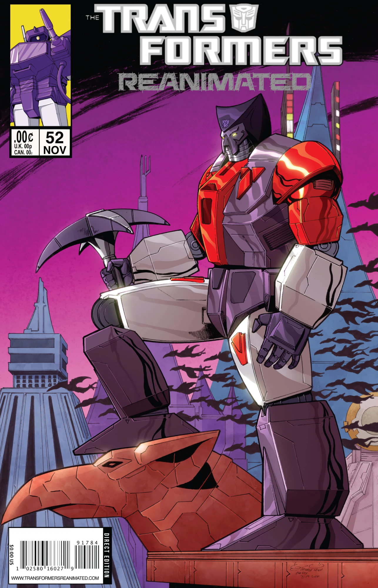 Transformers comic cover with Straxus looking over his city
