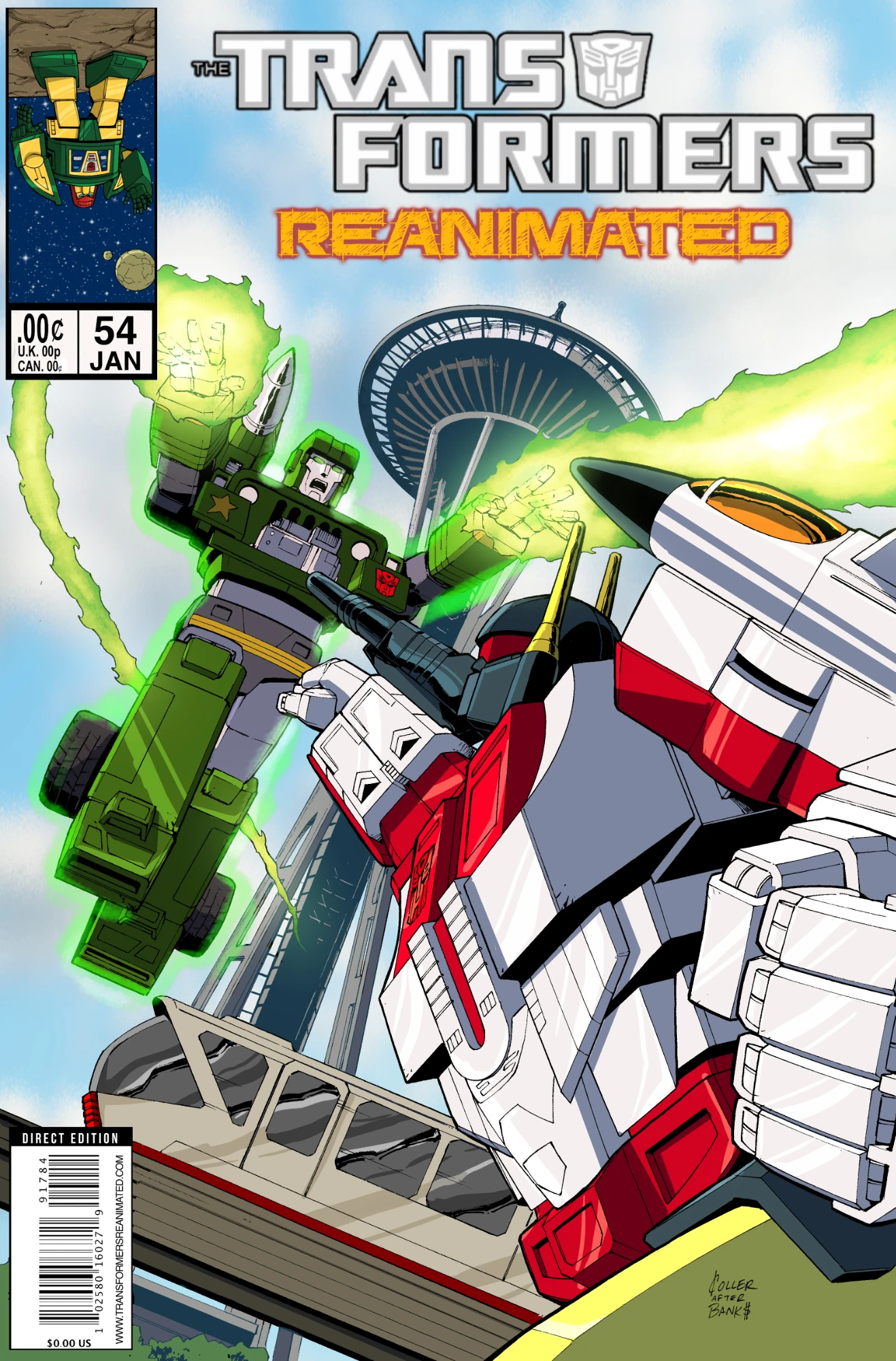 Transformers comic cover with Hound flying around the Space Needle as Superion jumps up at him