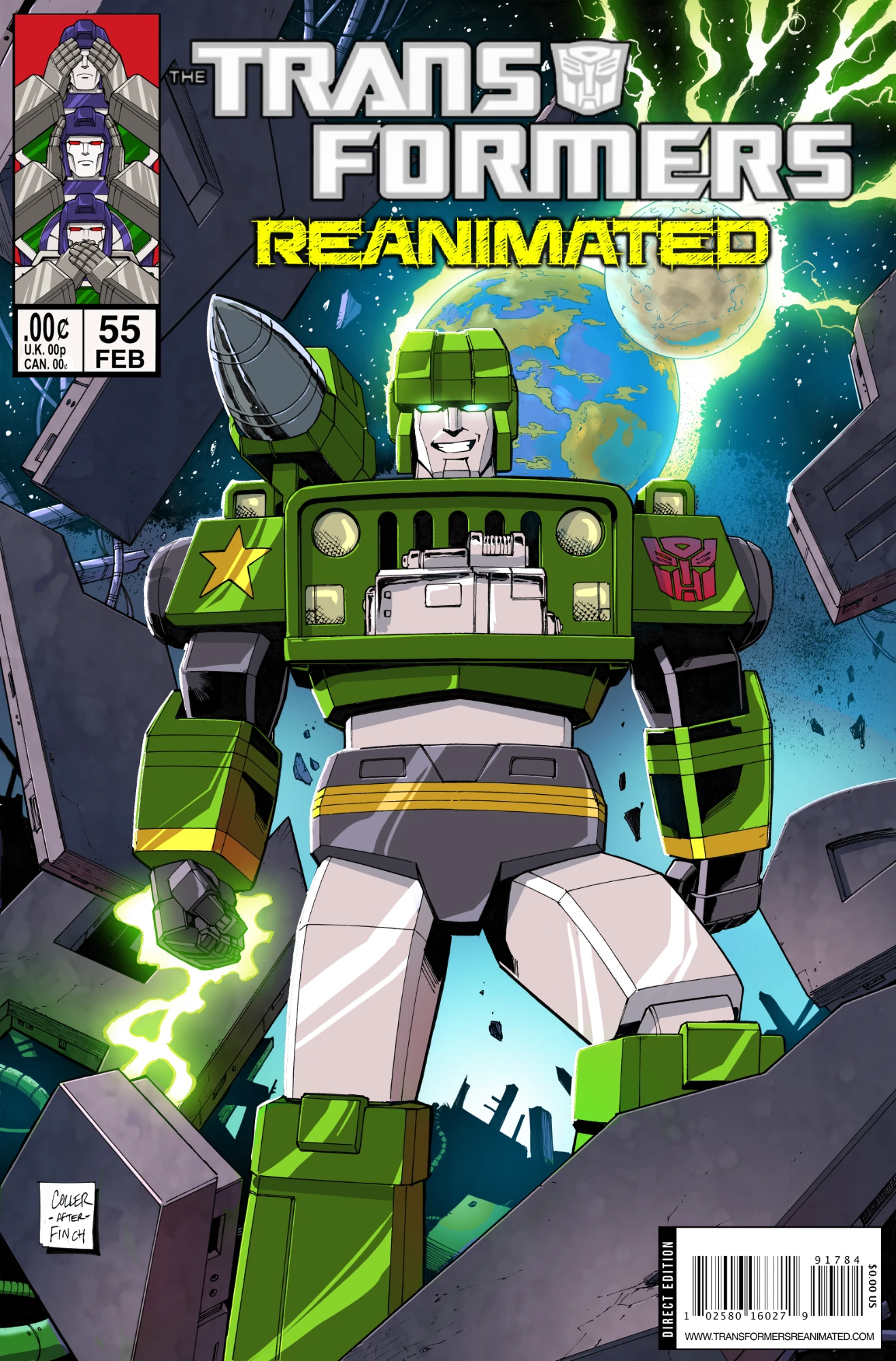 Transformers comic cover with Hound Standing with Earth in the background