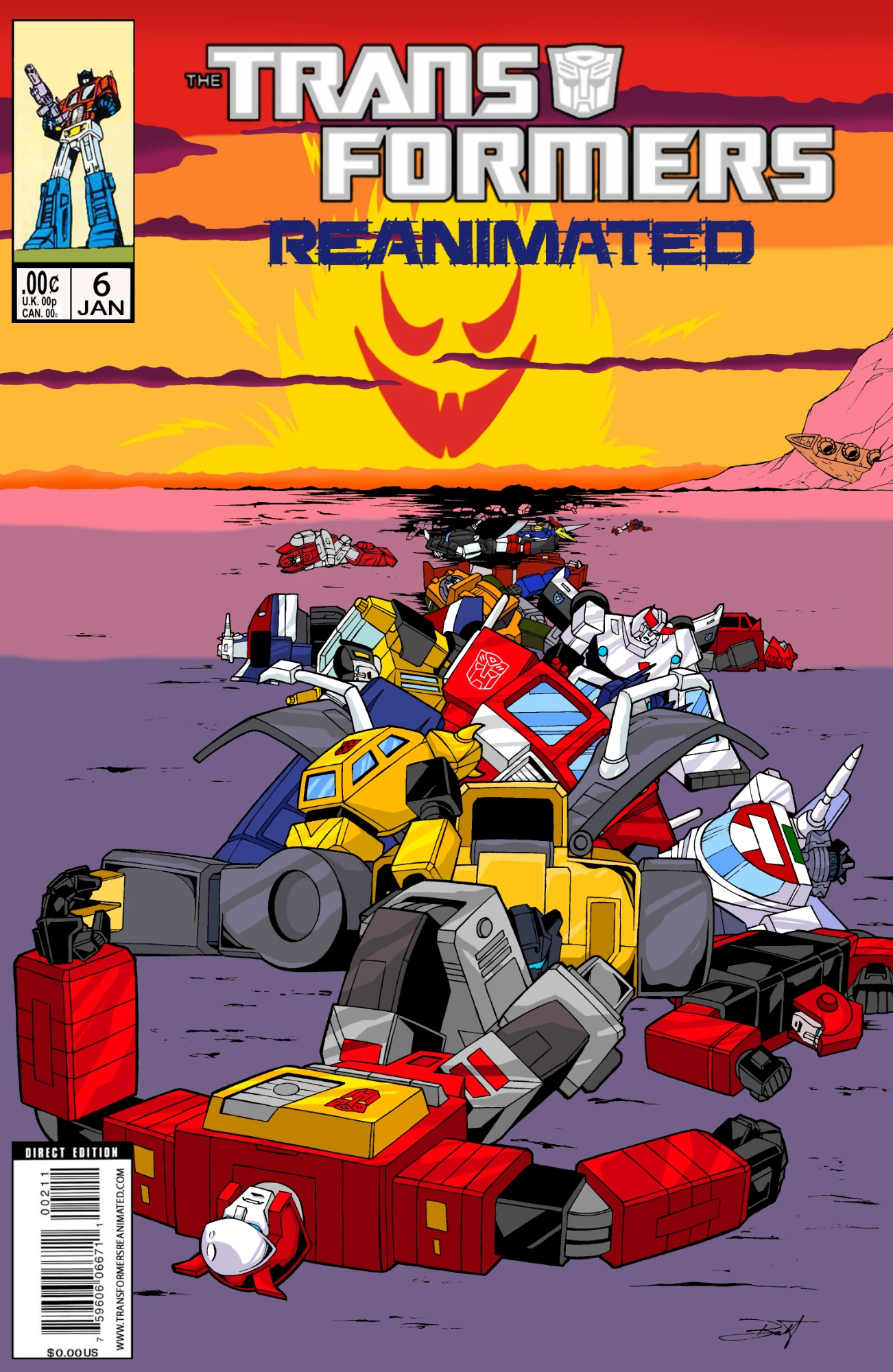Transformers comic cover with an over sized Kremzeek looking down upon many dead Autobots