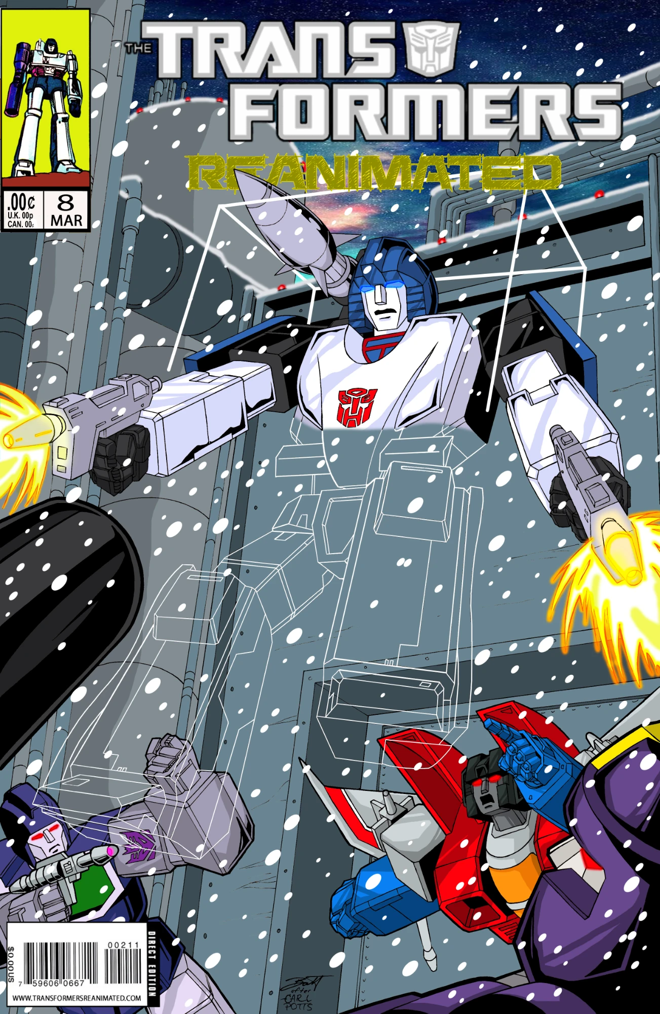 Transformers comic cover with Mirage appearing and his guns blazing at some Decepticons