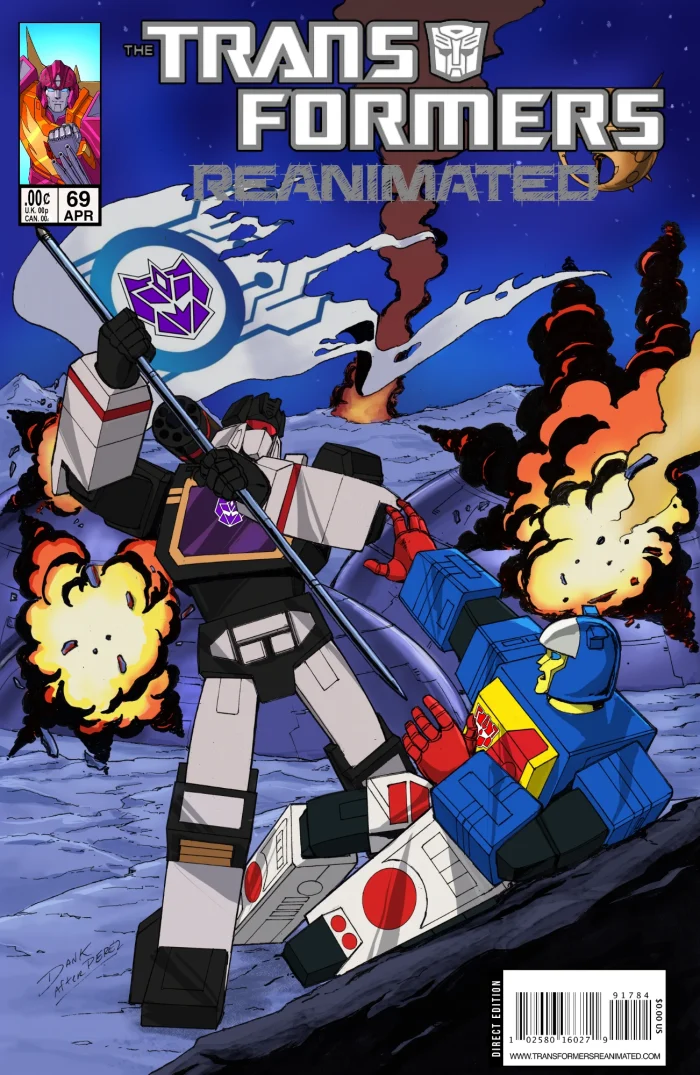 Comic book cover for Transformers Reanimated issue 69 featuring Soundblaster holding up a G2 Decepticon flag and impaling Twincast with it's pole.