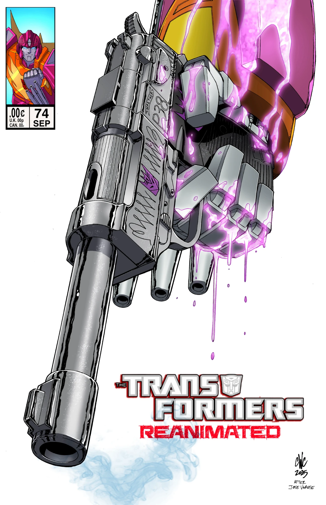 Transformers Reanimated cover for issue 74. Hot Rod's hand, leaking Energon like blood, holding the gun mode of Megatron against a plain white background