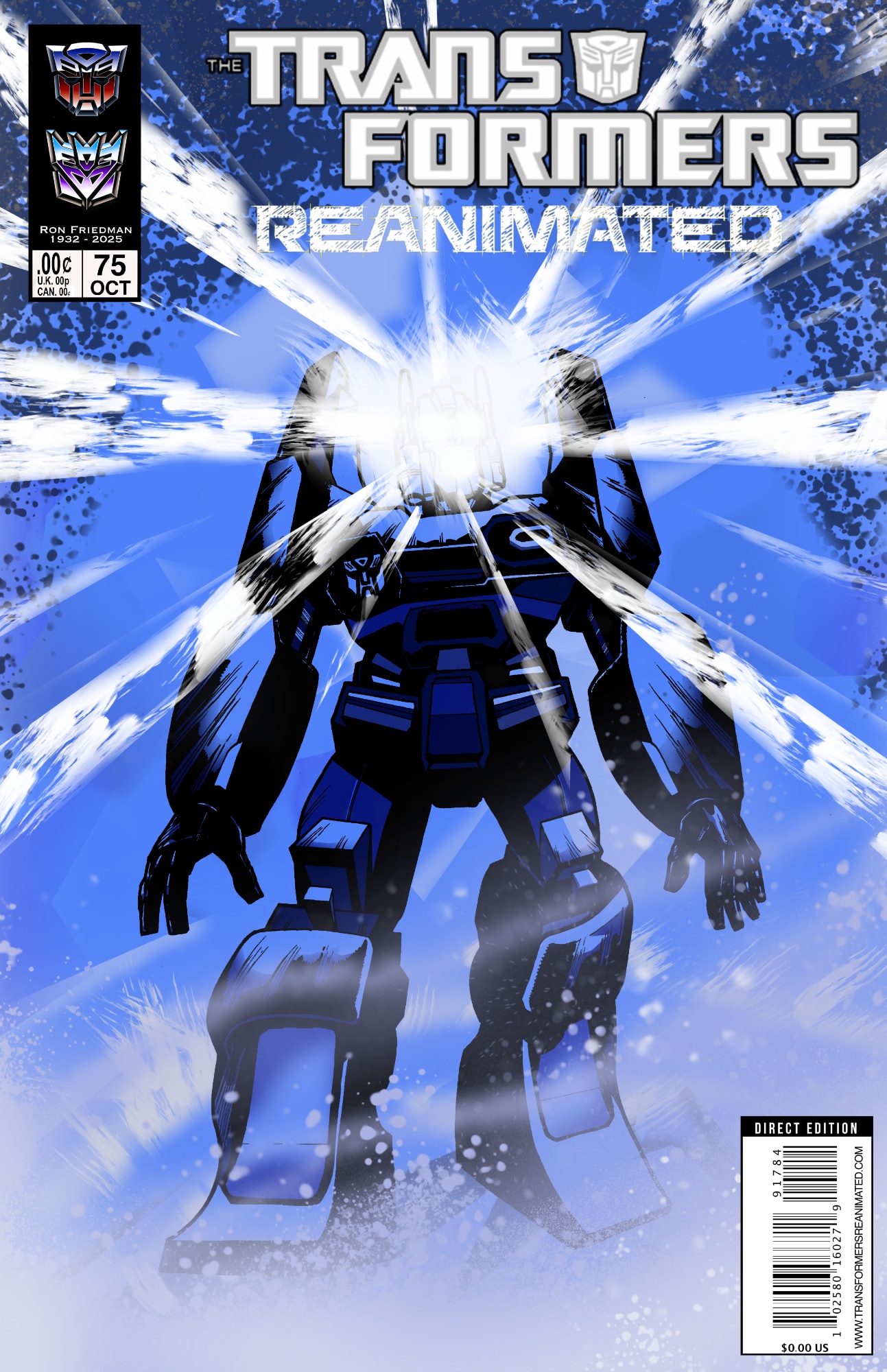 The cover for Transformers Reanimated issue 75. This mostly blew looking cover features Nightbeat with white light blindingly shinning out from his face making it impossible to see it.
