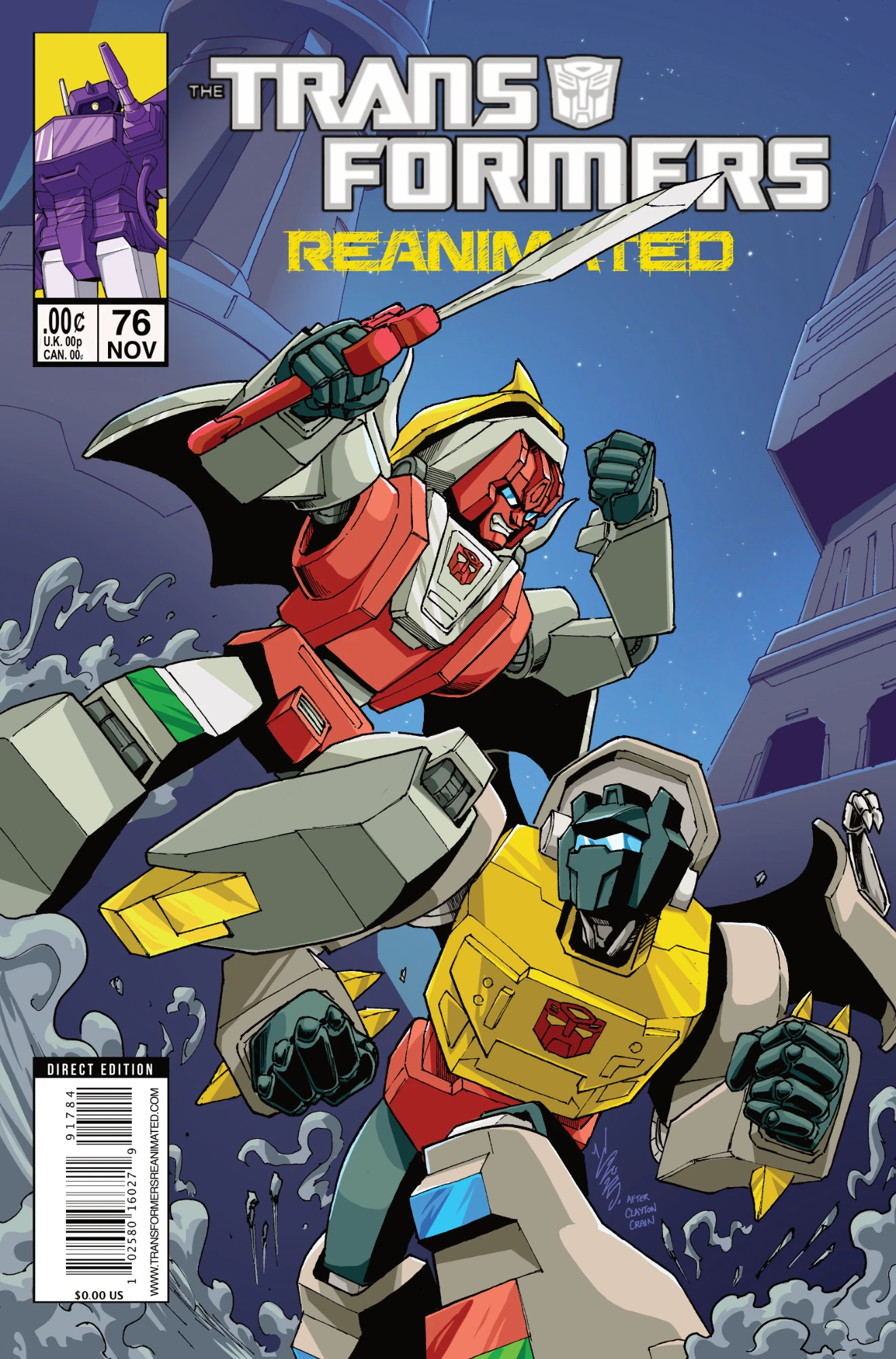 The cover for The Transformers Reanimated issue 76 features Slag with his sword attacking Grimlock from above.