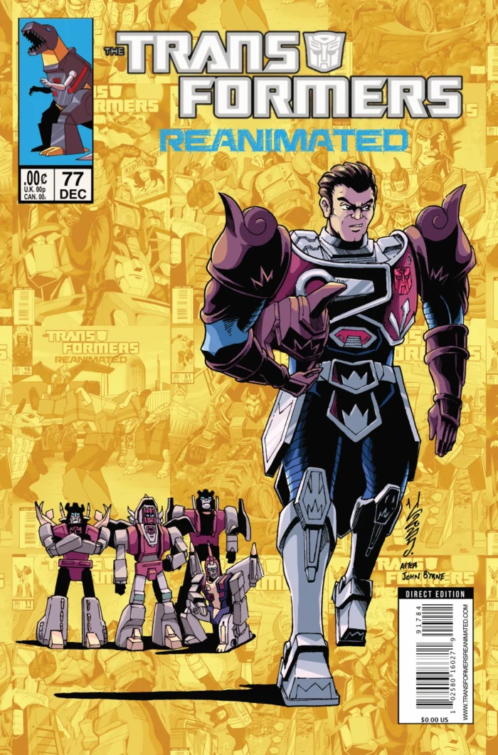 The cover for The Transformers Reanimated issue 77 features Pretender Shell Grimlock walking away from his fellow Dinobots