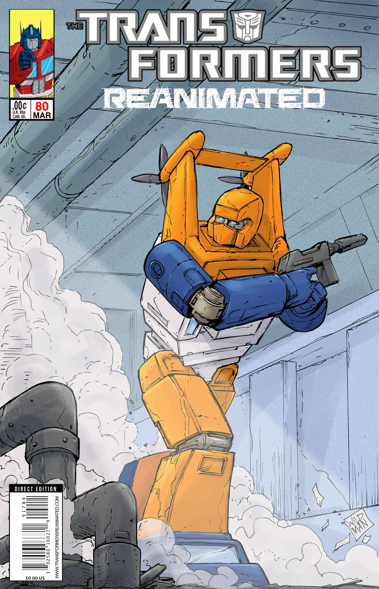 The cover for The Transformers Reanimated issue 80 features Seaspray walking through a steam filled corridor of an aircraft carrier with his gun up and looking over his right shoulder.