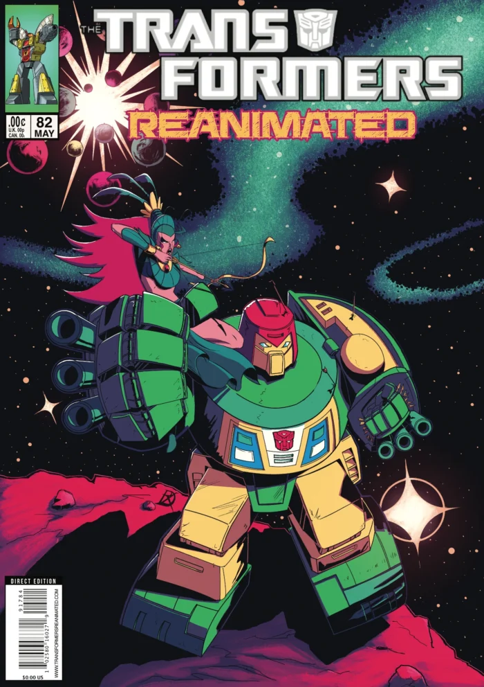 The cover for the Transformers REANIMATED Issue 82 features Cosmos standing proud on an asteroid holding up an angry Talaria in his right hand. She has her bow and arrow drawn at Cosmos' head. His body looks to have already taken several arrow shots. The Autobot crushes a fist full of arrows in his left hand. The background of this comic book cover has very Jack Kirby inspired space background.
