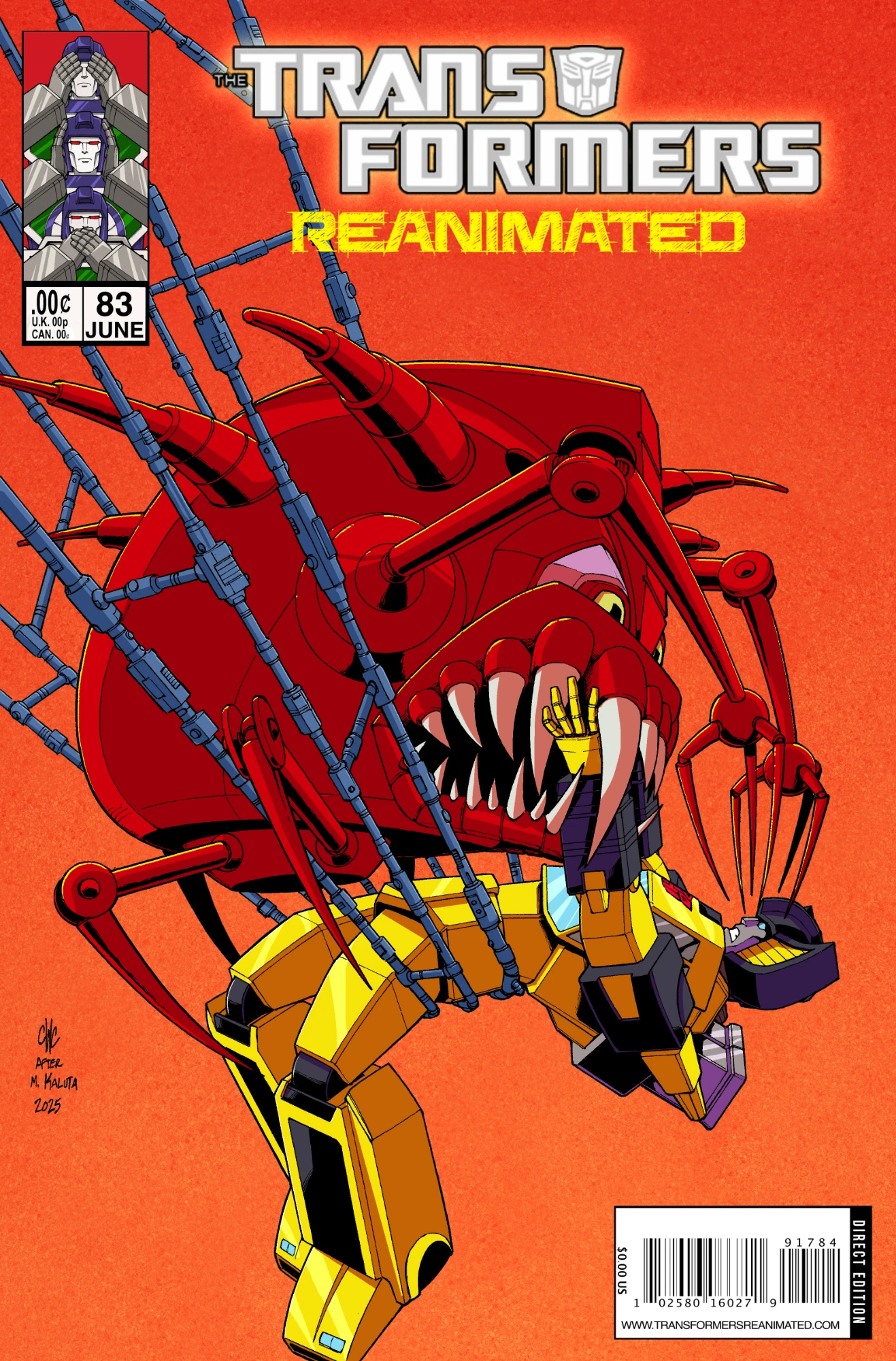 The cover for Transformers REANIMATED issue 83 features a Mecannibal trapping Sunstreaker in his legs with scary teeth and eyes.