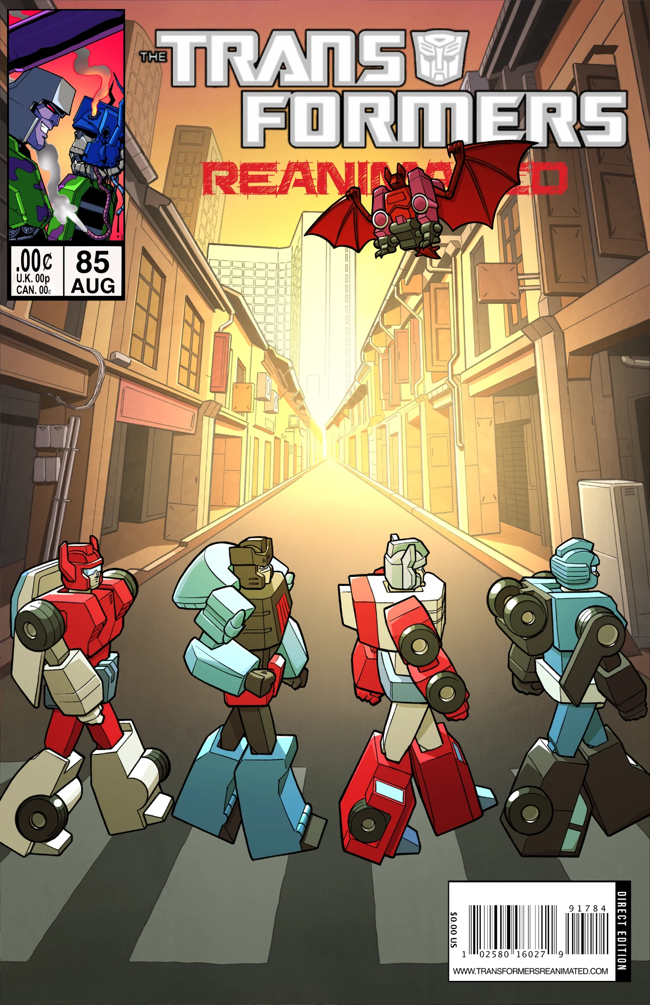 The Transformers Reanimated issue 85 cover features Fixit, Red Hot, Seawatch and Stakeout waling from left to right along a cross walk on the bottom of the cover. Behind them the city of Retentia and up by the right side of the logo hovers Mindwipe.