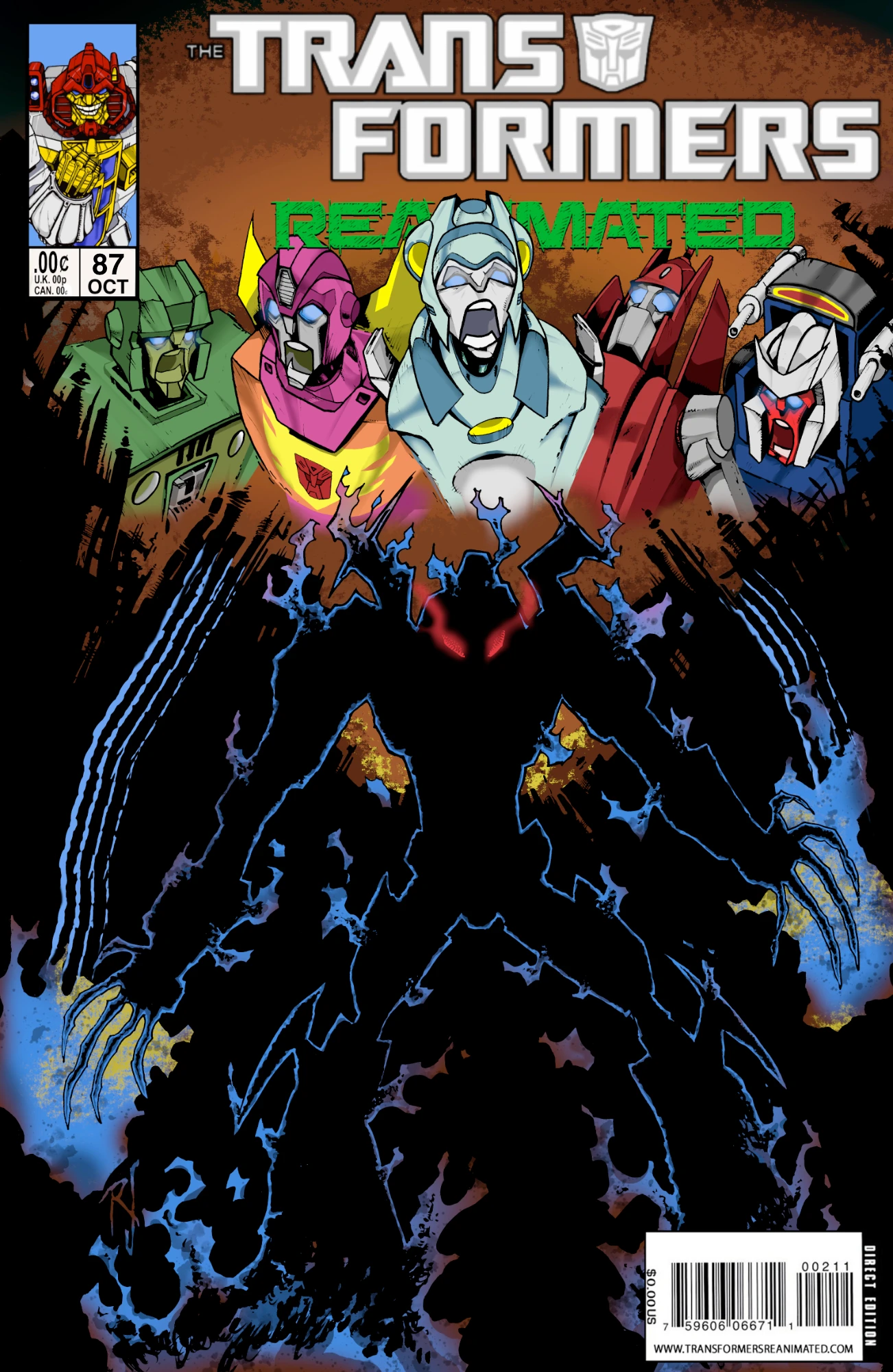The cover for the Transformers Reanimated issue 87 features scared looking heads of Hound, Hot Rod, Moonracer, Powerglide and Tracks lined up across the top portion of the cover. Beneath them front and center is the scary blue fiery outline of an unidentified villain with deep red eyes and sharp claw hands scratching at either side of the cover.
